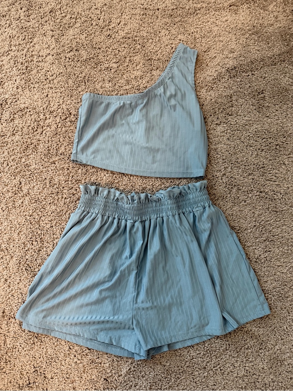 HYFVE Light Blue One-Shoulder Crop Top & Smocked Waist Shorts Set
